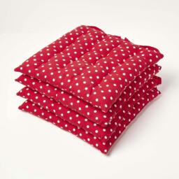 Homescapes 4 x Seat Pads Luxury Cotton Polka Dot Indoor Outdoor Garden Dining Cushion Red 40 x 40 cm 4