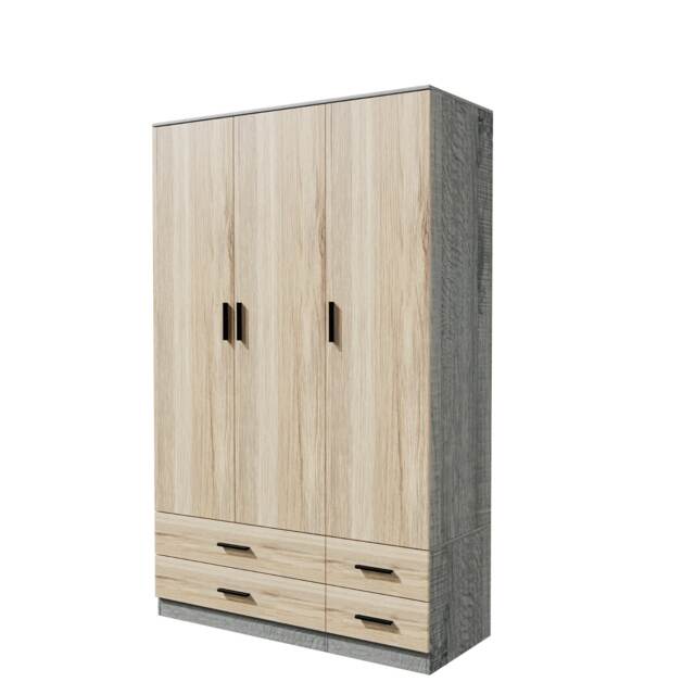 3 Door 4 Drawer Wardrobe With Hanging Rail And Storage Shelf Grey Ash Grey Carcass & Oak Door 1