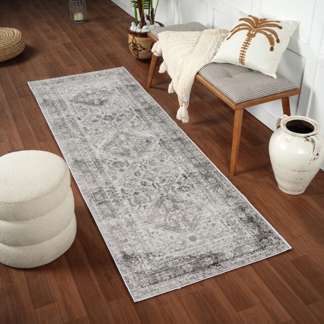 LIVABLISS Monte Carlo-Vintage Traditional Boho Rug 80 x 220 cm Grey White Charcoal