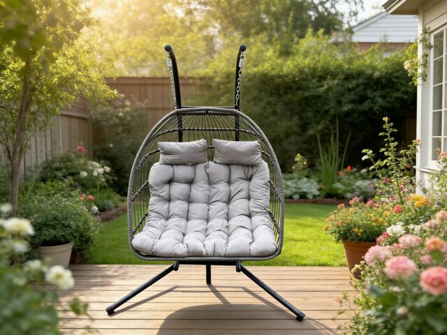 Fimous Indoor Outdoor Hammock Patio Rattan Double Egg Hanging Chair Garden With Grey Thick Cushion