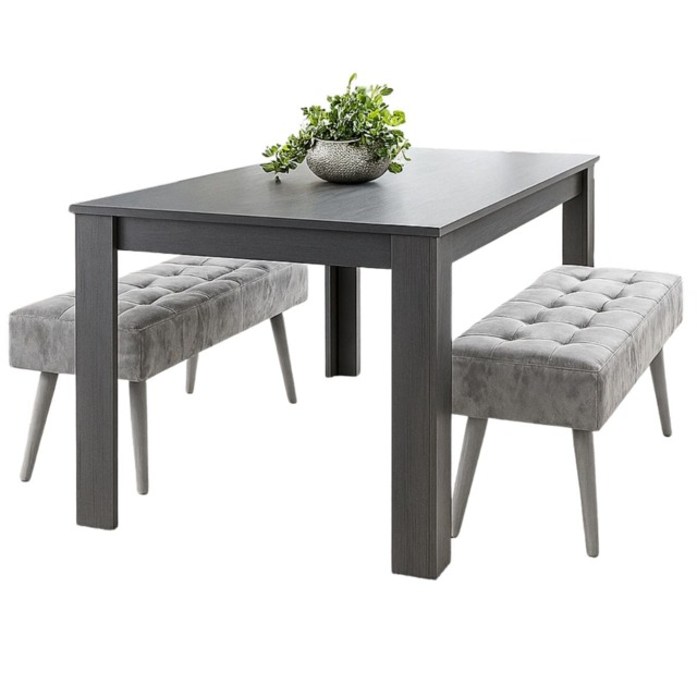 Wooden Dining Table Set with 2 Grey Velvet Benches Modern Dining Furniture
