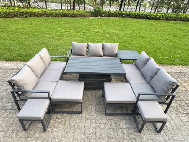 Fimous Aluminum Outdoor Patio Furniture Set Modern Patio Conversation Sets with Adjustable Rising Lifting Dining Table 4 Footstool Side Table Dark Grey