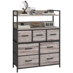 HOMCOM Bedroom Chest of Drawers, Fabric Dresser with 7 Drawers, Storage Organiser Unit with Open Shelves and Metal Frame for Living Room, Entryway, Grey Wood Effect