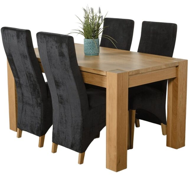Kuba 150 x 85 cm Chunky Medium Oak Dining Table and 4 Lola Fabric Chairs Black Black