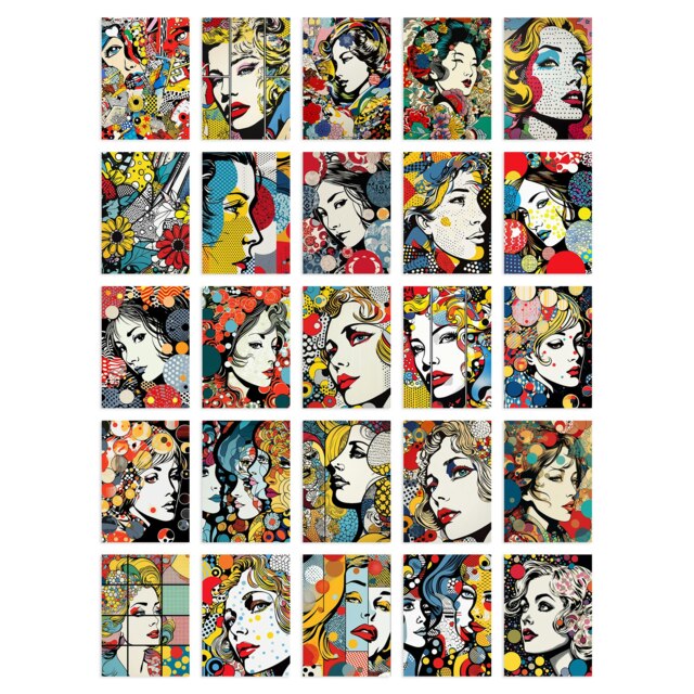 Fashion Face Pop Art Bubble Comic Aesthetic Wall Art Set of 50 Unframed A6 Prints Multi