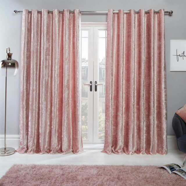 OHS Luxury Soft Crushed Velvet Lined Eyelet Curtains, 66x90'' - Blush Pink