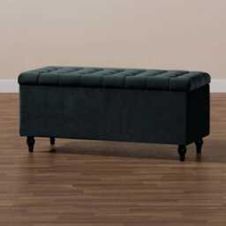137cm Cubed Ottoman Storage Box,Black Velvet Upholstered Chesterfield Storage Ottoman Box with Wooden Legs