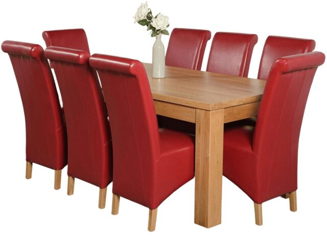 Dakota 182 x 92cm Oak Large Dining Table and 8 Montana Leather Chairs Red Red