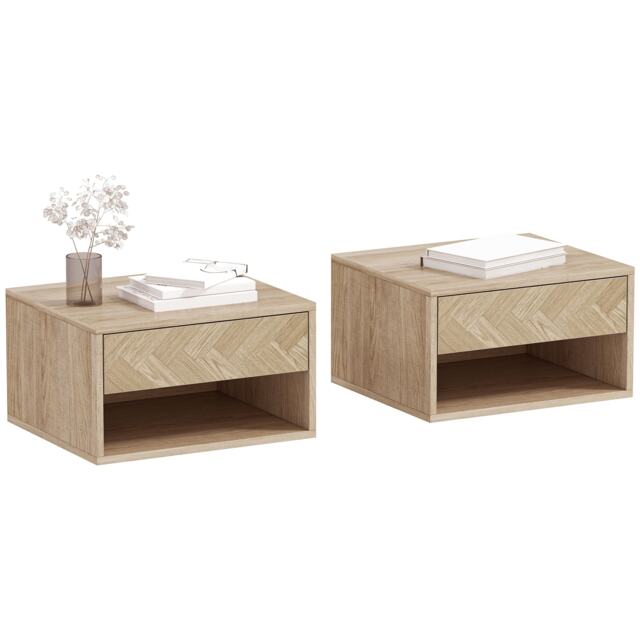 HOMCOM Floating Nightstands Set of 2, Bedside Table w/ Drawer and Open Shelf Brown Natural wood finish 37W x 32D x 21H cm