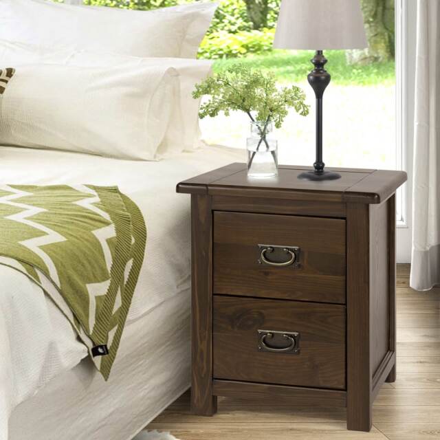 Boston Handcrafted 2 Drawer Bedside Cabinet - Dark Brown Lacquer Finish, Colonial Design Brown Dark Brown One Size 1