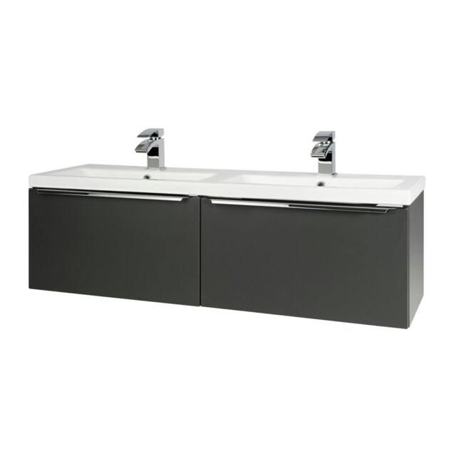 1200mm Bathroom Wall Mounted Drawer Unit and Twin Ceramic Basin - Matt Dark Grey (Central) - Brassware Not Included Grey Grey 1