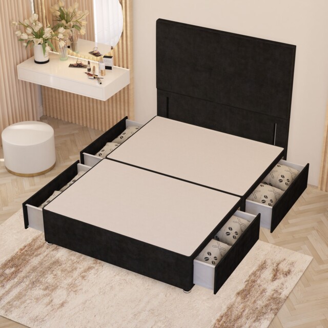 Divan Bed Base with 4 Drawers & Plain Floor Standing Headboard Plush Velvet Black Black