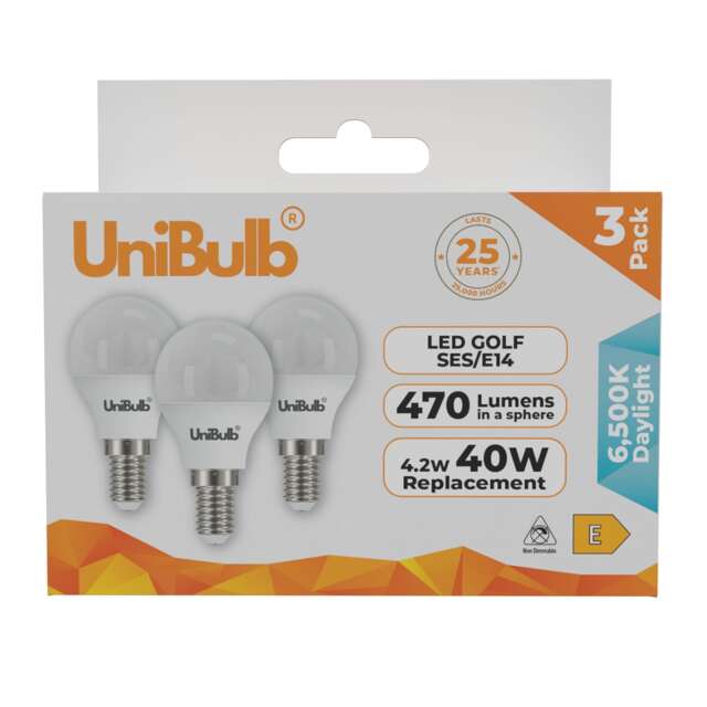 UniBulb LED Golf Ball E14 Small Edison Screw (SES) 470lm 4.2W (Replaces 40W) 6500K (Daylight) Light Bulb - Pack of 3 White Daylight 3
