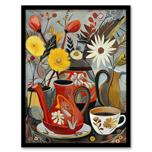Coffee Pot Cup Wildflower Bouquet Vase Black Framed Wall Art Print A4