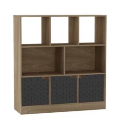 Asymmetrical 8 Cube Oak Freestanding Bookcase Shelf Storage Unit with 3 Doors Black Geo Design Doors - Black 1