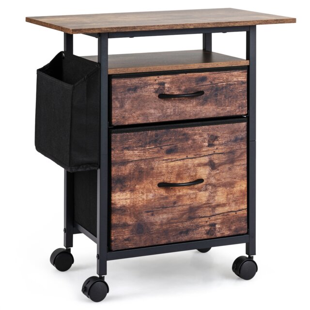 2-Drawer Mobile File Cabinet, Rolling Printer Stand with Extended Tabletop, Open Storage Shelf, Side Bag, Under Desk Vertical Filing Cabinet on Wheels, Storage Organizer for Home Office, Rustic Brown
