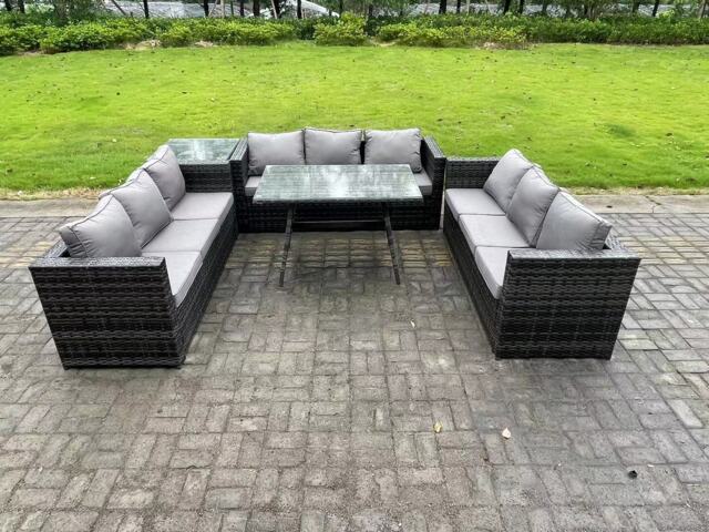 Fimous Rattan Outdoor Garden Furniture Set Garden Dining Table Set with Patio Side Table 9 Seater Dark Grey Mixed