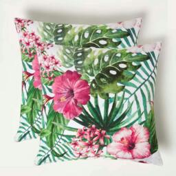 Homescapes Botanical Flower Outdoor Cushion 45 x 45 cm - Set of 2 Green Green & Pink 2