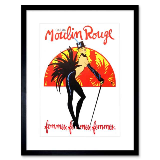 "Burlesque Moulin Rouge Vintage Ad Paris Girls 9x7"" Black Framed Wall Art Print"