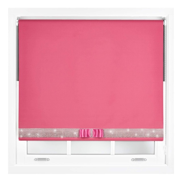 FURNISHED Blackout Roller Blinds with Diamante Trim and Bow Cut to Size Pink Fuchsia (W) 210cm x (L) 165cm