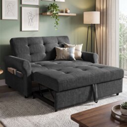 VILUXE 135cm 2 Seater Chenille Pull-Out Sofa Bed with Adjustable Backrest, USB & Type-C Charging, Side Pocket and Castors, Dark Grey