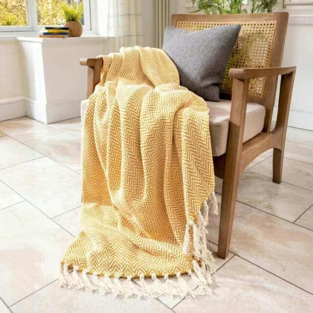 Audley Chevron Herringbone Throw Blanket - Mustard, 125 x 150cm