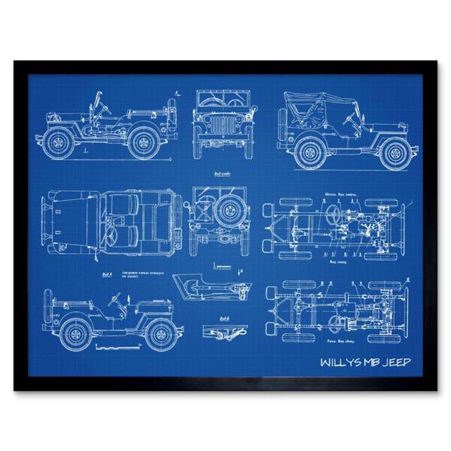 "Willys MB US Military Jeep Vehicle Blue Plan 12x16"" Framed Wall Art Print"