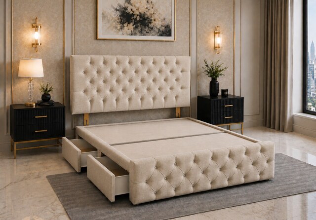 Divan Bed with Upholstered Headboard & Footboard Base 4FT Small Double Beige Linen 4 Drawers