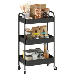 HOMCOM 3-tier Storage Trolley on Wheels, Metal Storage Cart, Rolling Ultility Cart with 3 Mesh Baskets for Living Room, Kitchen, Black Black