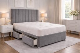 Grey divan plush 4ft small double bed set with mattress and headboard 4 Drawers