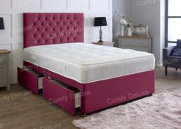 5ft King Maroon Plush Velvet Divan Bed With Headboard & Memory Sprung Mattress 2 Drawers One Each Side