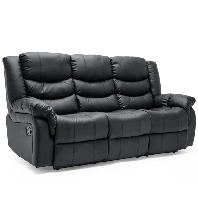 Seattle 3 Seater Manual High Back Bonded Leather Recliner Sofa (Black)