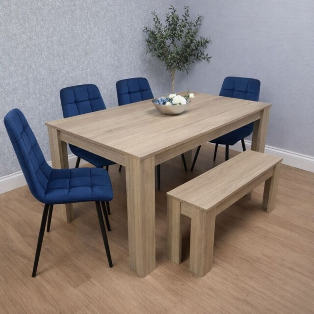 Wooden Dining Table Set for 6 Oak Effect Table With 4 Blue Velvet Chairs and 1 Bench