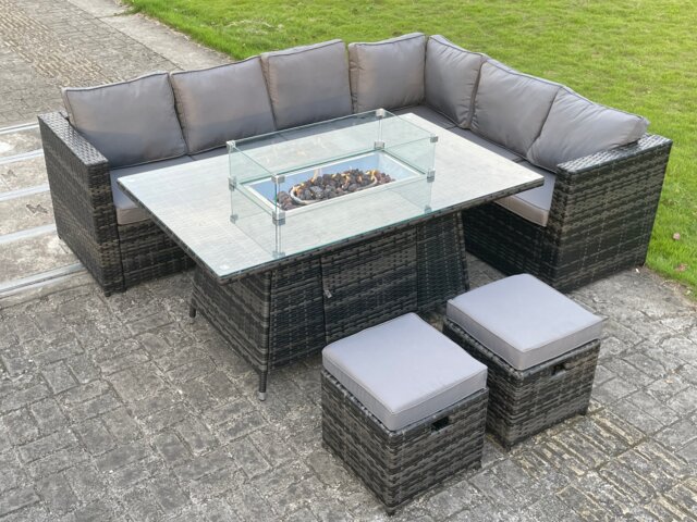 Fimous Outdoor Rattan Garden Corner Furniture Gas Fire Pit Table Sets Gas Heater Lounge Small Footstools Dark Grey Mixed 8 Seater