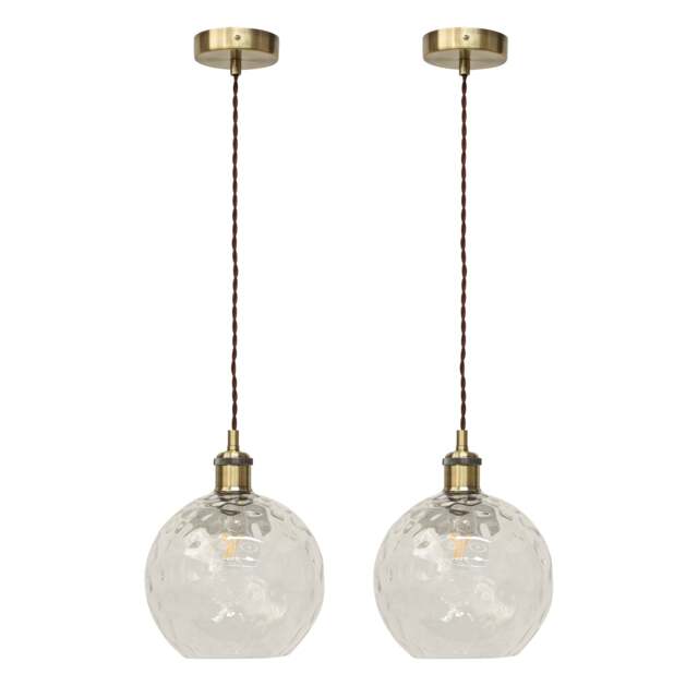 Set of 2 Barnum - Clear Dimple Globe Antique Brass Retro Pendants