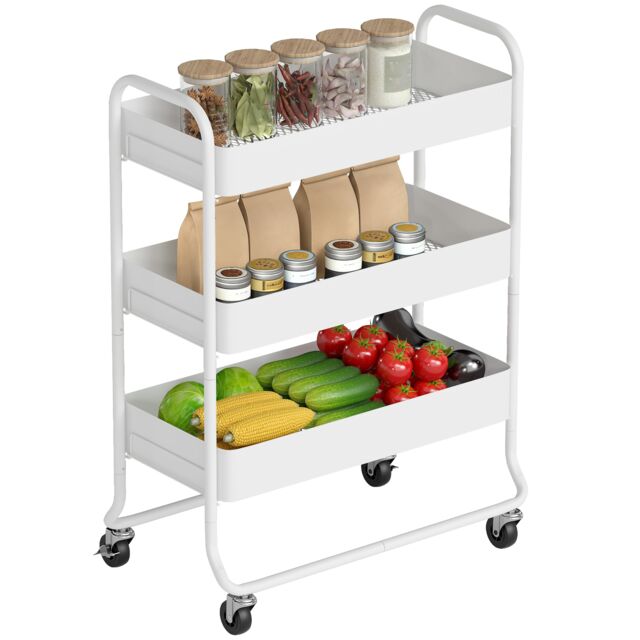 HOMCOM 3-Tier Storage Trolley, Storage Cart with Mesh Backets, Wheels, White White White