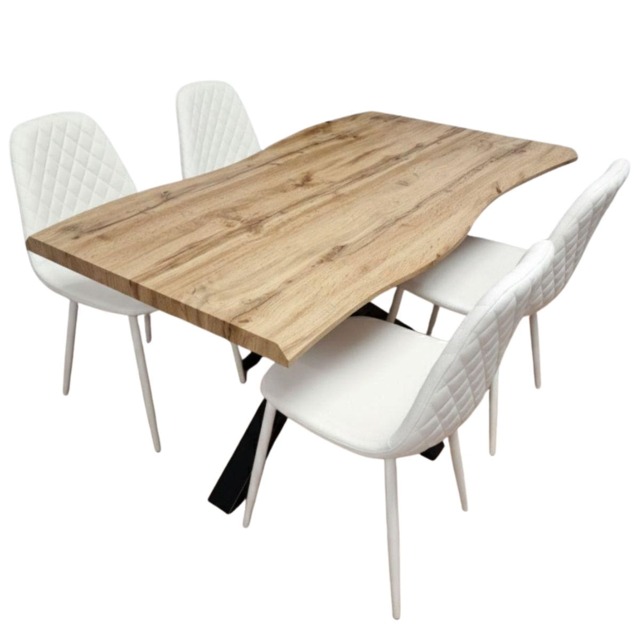 Modern Dining Table with 4 White Gem pattern Faux Leather Chairs