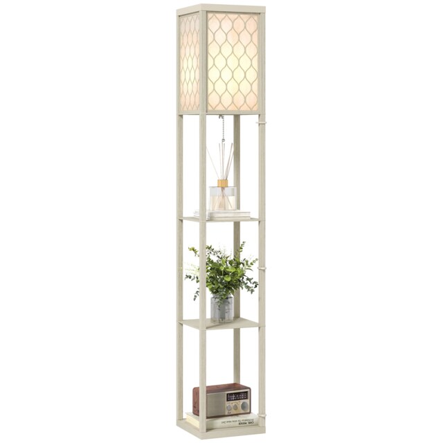 HOMCOM Modern Floor Lamp Light with 3 Shelves Fabric Lampshade Oak Brown