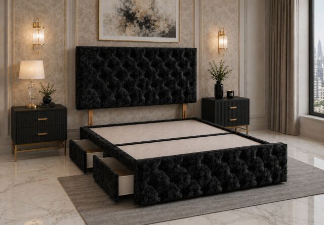 Brooklyn Divan Bed with Upholstered Headboard & Footboard Base - Double Black Crush 2 Drawers Storage Left Side in Bed