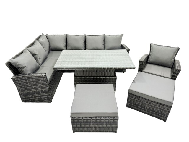 Fimous Poly Rattan Outdoor Patio Height Adjustable Rising Lifting Table Corner Sofa Set with 2 Big Stool,Chair for Garden Backyard Dark Grey Mixed