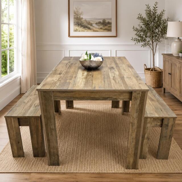 Rustic Effect wood Dining Table And 2 Benches kitchen table Set space saver table set