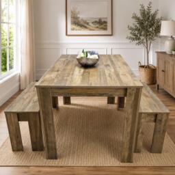 Rustic Effect wood Dining Table And 2 Benches kitchen table Set space saver table set