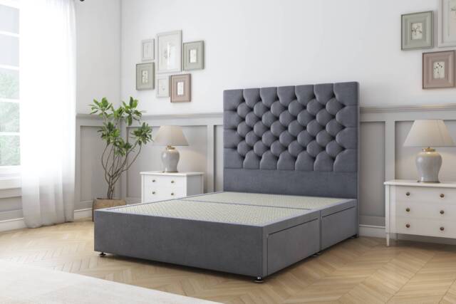 Sloomy Mayfair Steel Plush Divan Bed Base 2 Drawers Foot-End With 54 Inch Floor Standing Headboard Grey Steel Super King 1