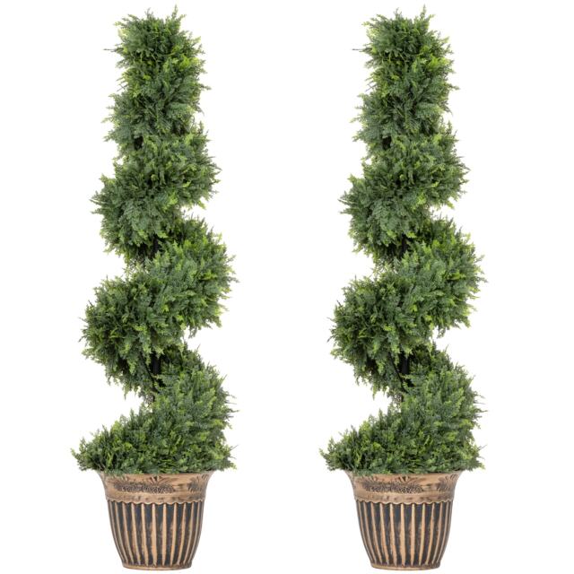 HOMCOM Set of 2 Potted Artificial Plants, Topiary Spiral Cypressd Trees Green Green 4ft