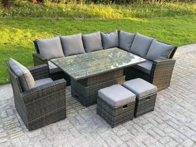 Fimous High Back Rattan Garden Furniture Corner Sofa Sets Adjustable Rising Table Dark Mixed Grey 9 seater right corner
