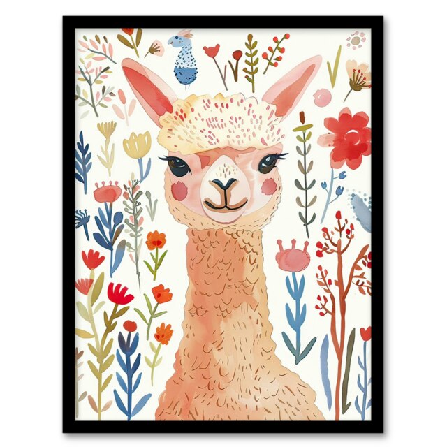 Happy Alpaca Bright Floral Watercolour Kids Black Framed Wall Art Print A4