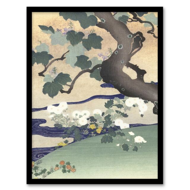 "Tree And Chrysanthemums Vintage Japan Framed Wall Art Print Tsukioka 12x16"""