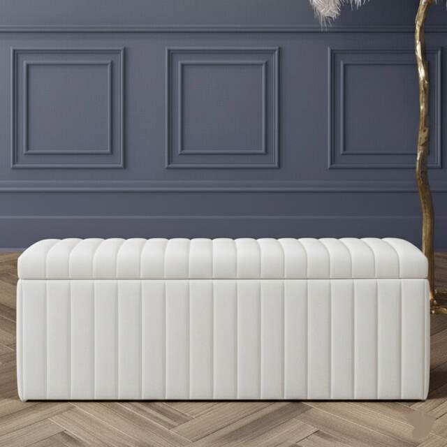 150cm Wide Lux Ottoman Storage Box, White Velvet Upholstered Full Striped Storage Ottoman Box