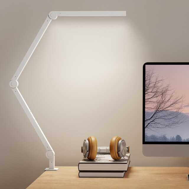 HOMCOM LED Desk Lamp, Dimmable Desk Light with Swing Arm and Clamp, Adjustable Eye-Caring Table Lamp with 2 Colour Modes & 5 Brightness Levels for Study, Drawing, Office, Architect, Task, White White
