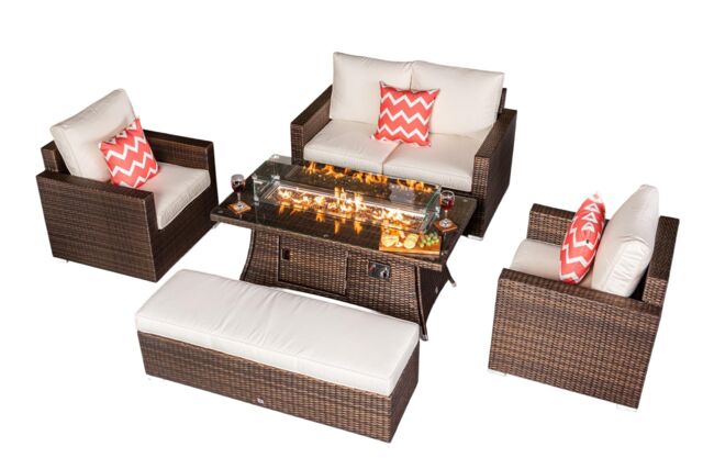 Sydney Loveseat Sofa Rattan Garden Furniture Outdoor Lounge Set with Arm Chairs, Fire Pit Coffee Table & Bench Brown Brown Four Seater
